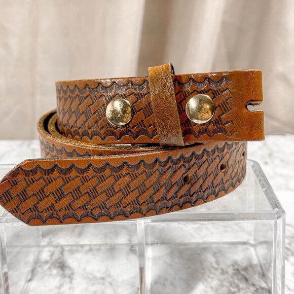 Lonesome Charlies Brown Basketweave Stamped Leather Belt Strap Mens 42 - Picture 1 of 11